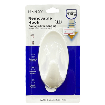 MANDY Self Adhesive Removable Hook Large 1 Hooks & Strip MAX LOAD 3KG